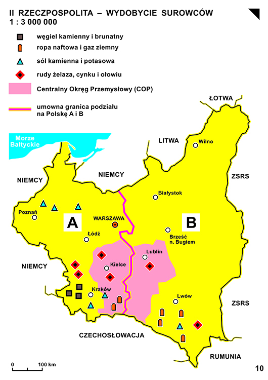 Mapa 10. - II Rzeczpospolita - wydobycie surowców