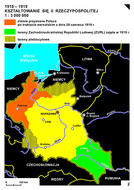 Mapa 2. - Kształtowanie się II Rzeczypospolitej 1918-1919