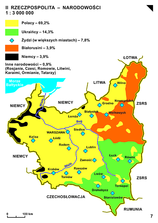 Mapa 7. - Narodowości w II Rzeczypospolitej