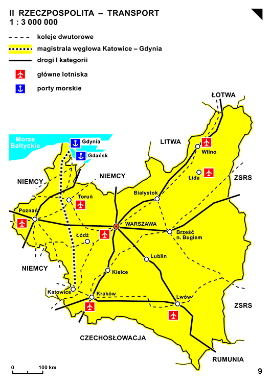 Mapa 9. - Transport w II Rzeczypospolitej