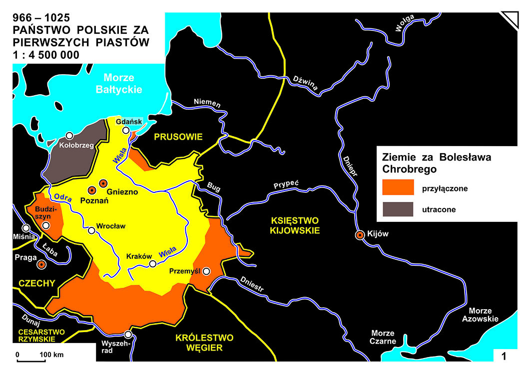 Mapa - Państwo Polskie za pierwszych Piastów (996-1025)