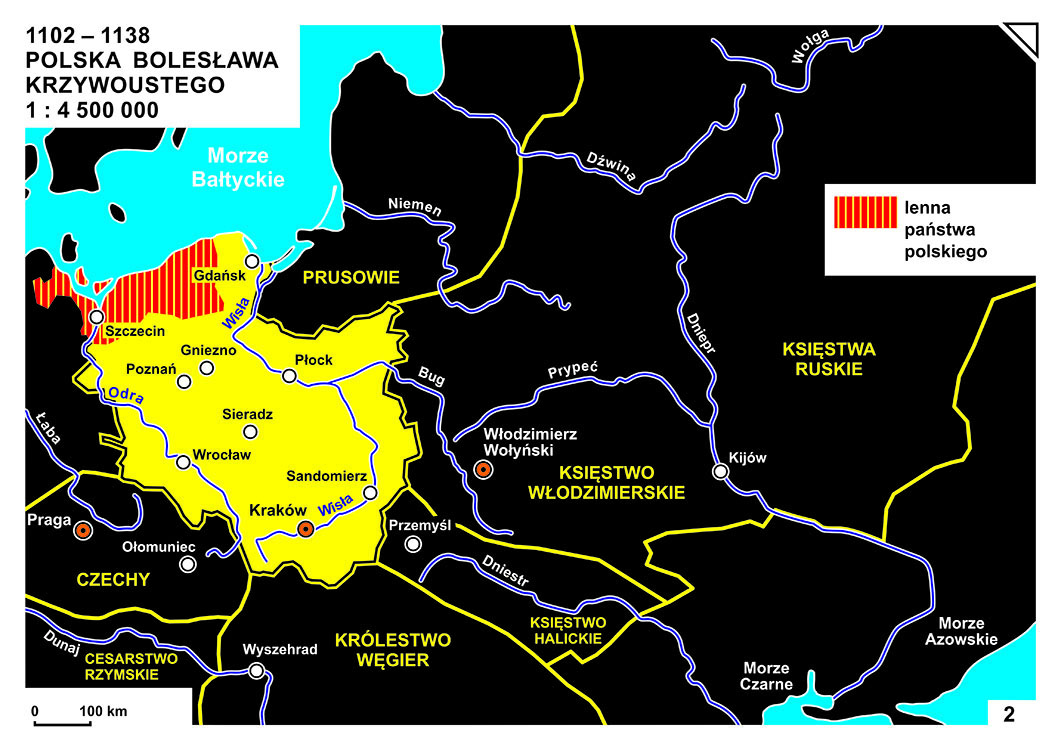 Mapa - Polska Bolesława Krzywoustego (1102-1138)
