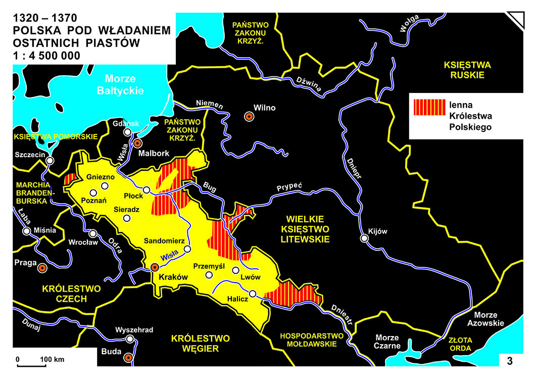 Mapa - Polska pod władaniem ostatnich Piastów (1320-1370)