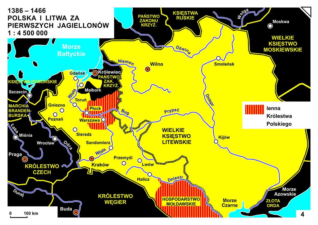 Mapa - Polska i Litwa za pierwszych Jagiellonów (1386-1466)